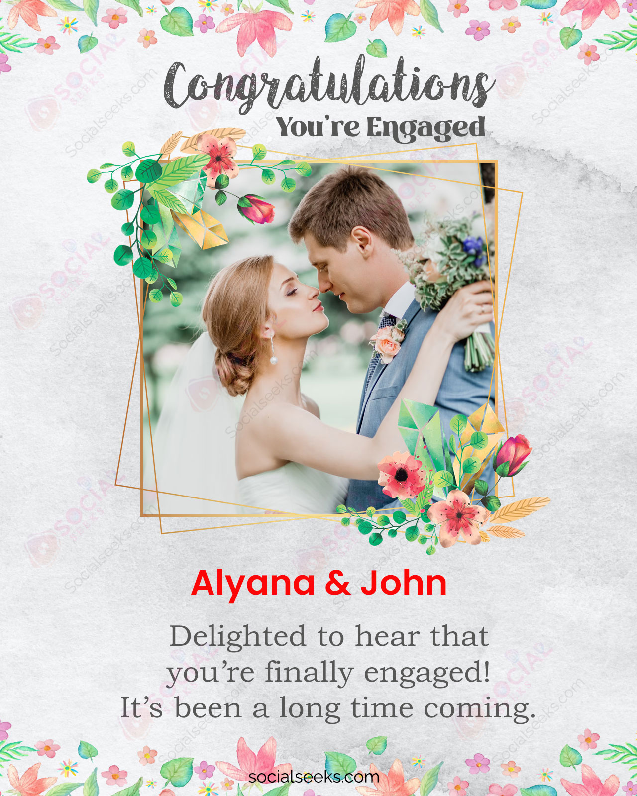 Happy Engagement Photo Wish With Floral Frame Design Greeting Card