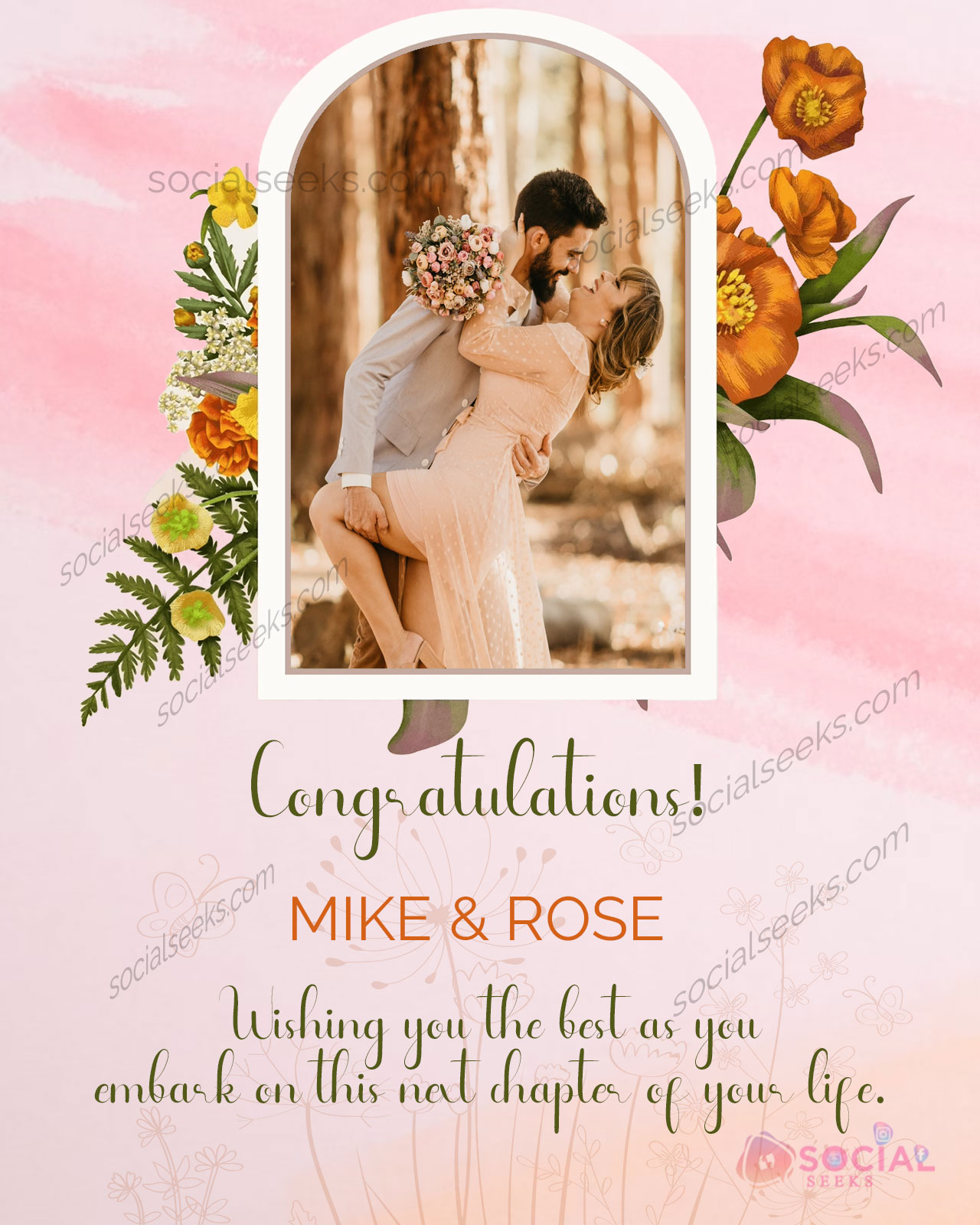 Colorful Elegant Wedding Wishes Card With Photo & Name