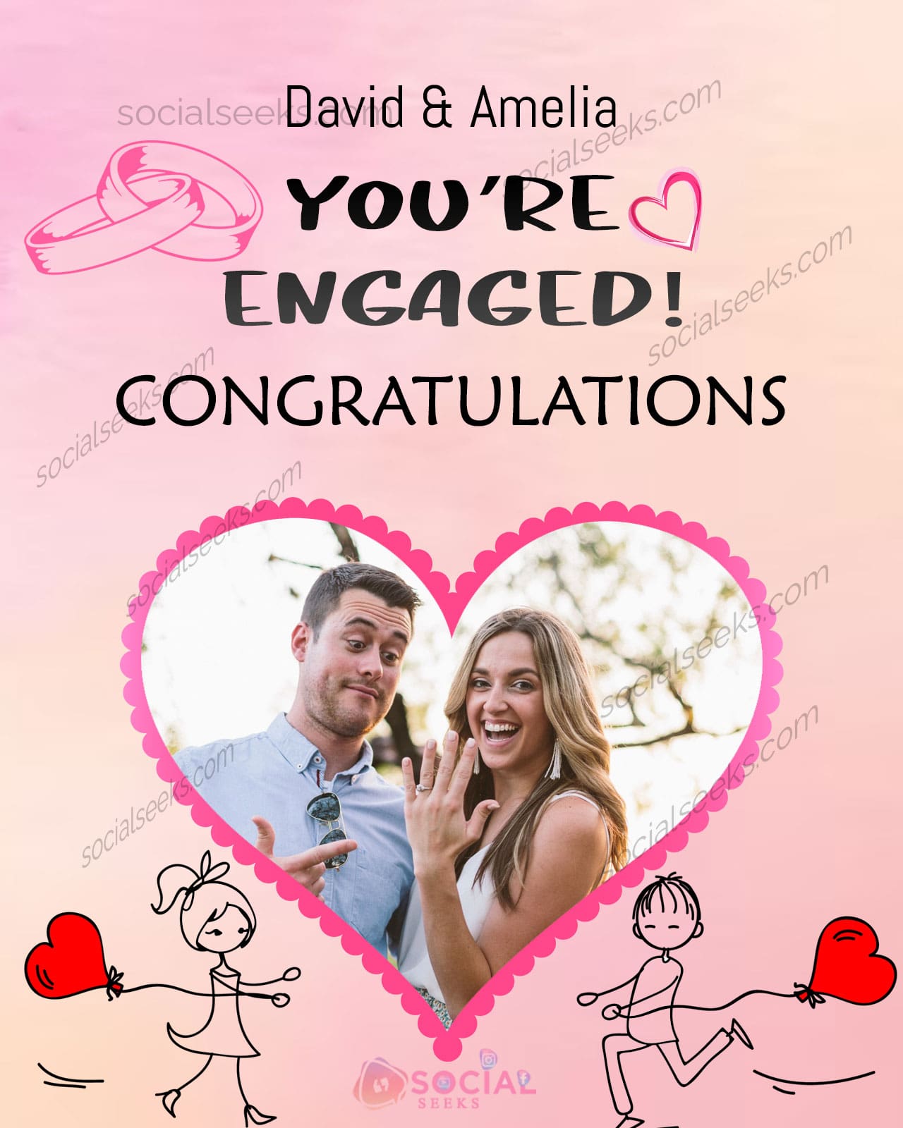 Heart Shaped Engagement Wishes With Name and Photo Frame