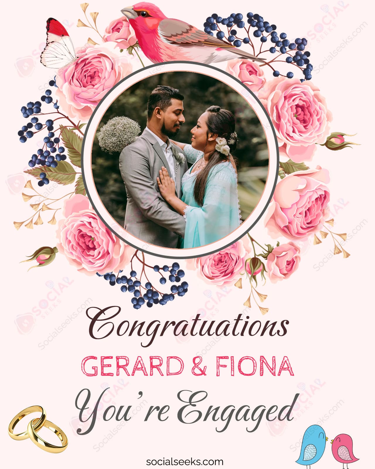 Pink Flower Engagement Wish Congratulations Photo & Name Greeting Cards