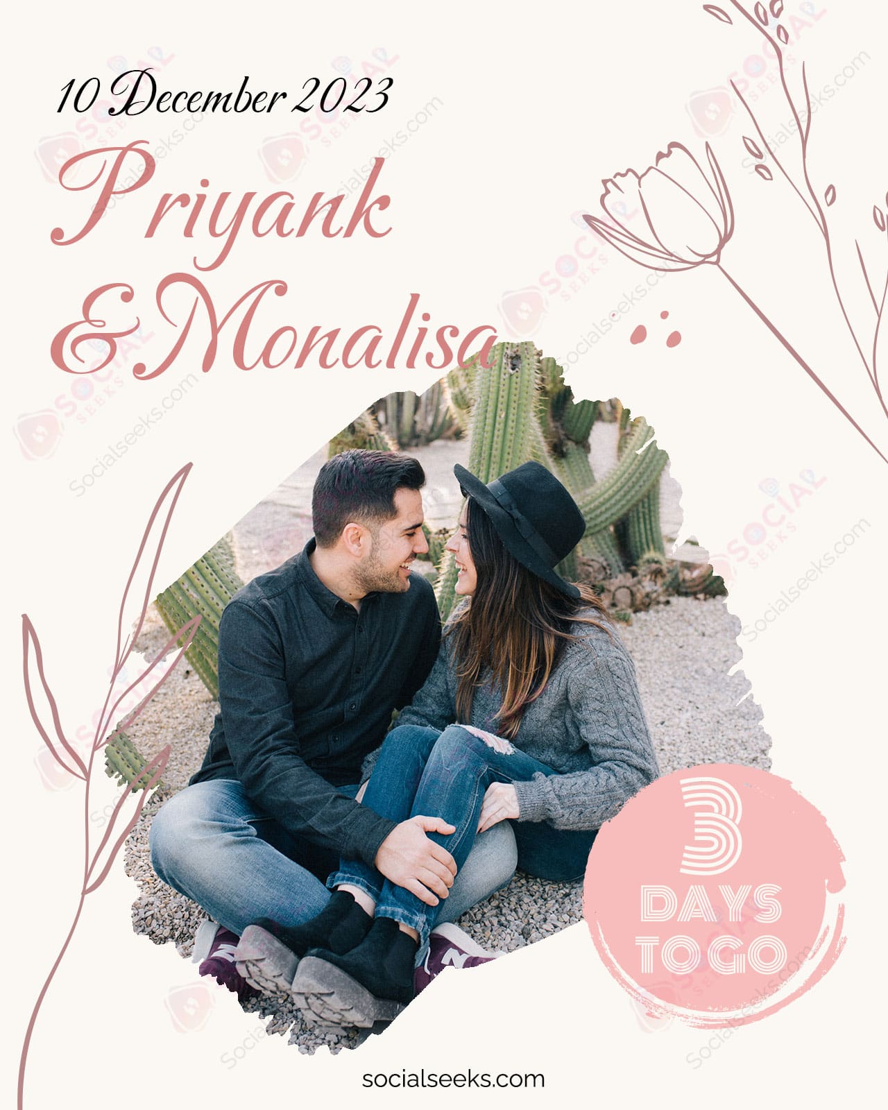3 Days to go marriage countdown save the date photo frame with couple name